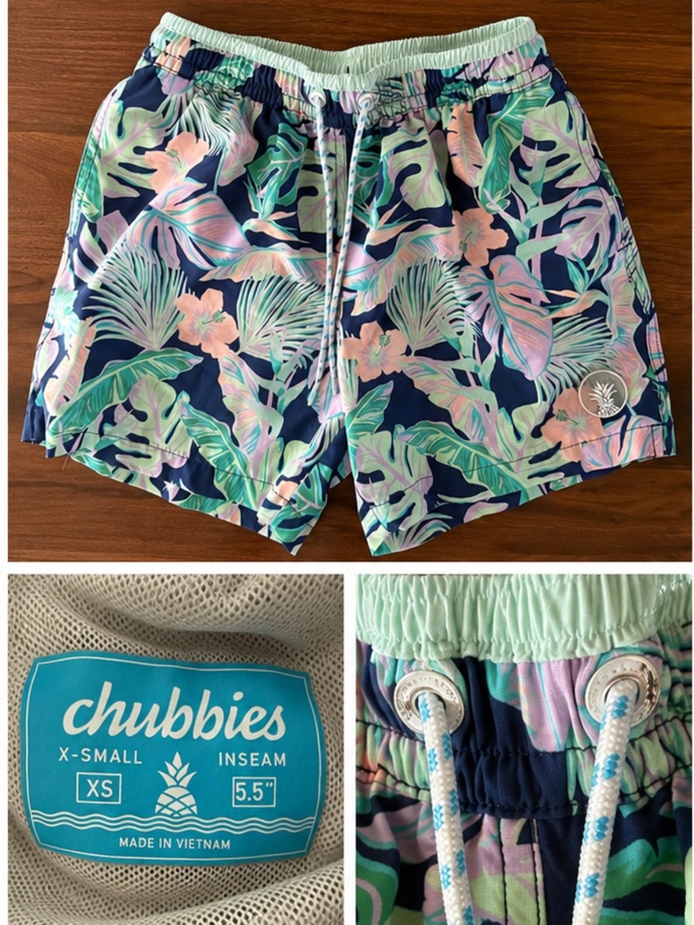 chubbies Tropical Print Swim Shorts in Navy, Mint & Pink